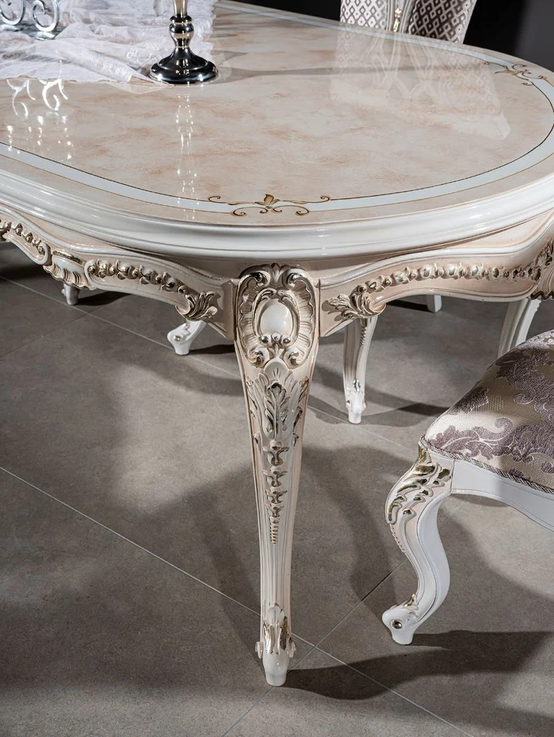 Casa Padrino Luxus Barock Esszimmer Set Lila / Beige / Weiß / Gold - 1 Ovaler Esstisch & 6 Esszimmerstühle mit elegantem Muster - Barock Esszimmer Möbel - Edel & Prunkvoll