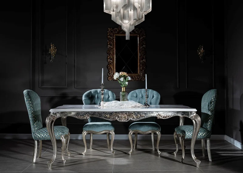 Casa Padrino Luxus Barock Esszimmer Stuhl Set Hellblau / Silber 55 x 55 x H. 107 cm - Küchen Stühle 6er Set - Edle Barock Esszimmer Möbel