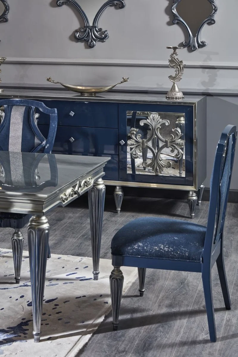 Casa Padrino Luxus Barock Esszimmer Stuhl Set Blau / Silber 54 x 53 x H. 109 cm - Edles Küchen Stühle 6er Set - Barock Esszimmer Möbel