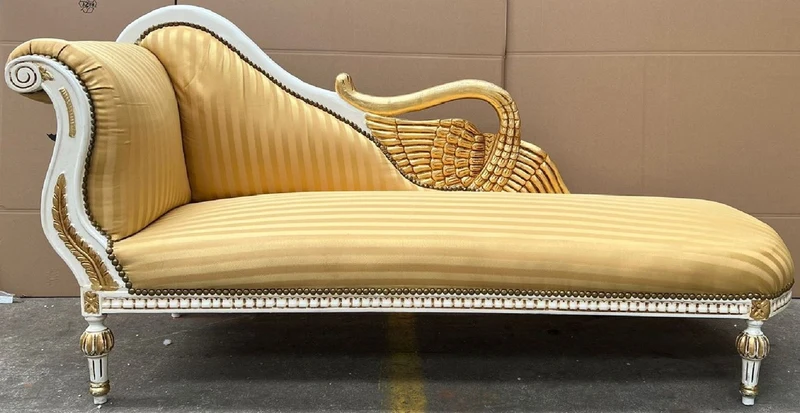 Casa Padrino Barock Chaiselongue Linke Seite Gold / Weiß / Gold - Handgefertigte Massivholz Recamiere mit Streifen - Barock Wohnzimmer Möbel - Edel & Prunkvoll