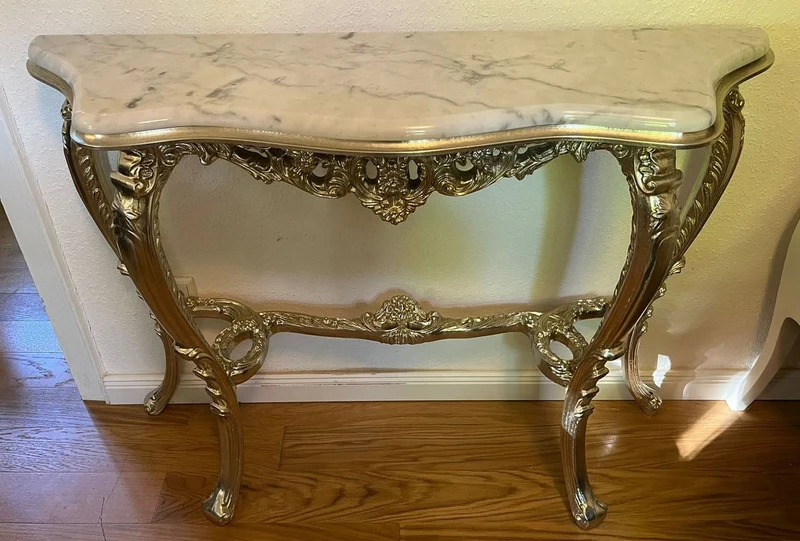 Casa Padrino Luxus Barock Konsole Silber / Weiß - Handgefertigter Massivholz Konsolentisch mit Marmorplatte - Barock Möbel - Luxus Qualität - Made in Italy