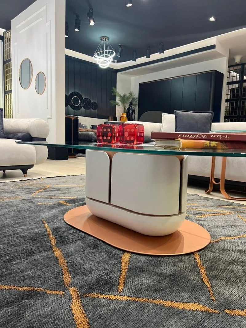 Casa Padrino Luxus Couchtisch Weiß / Kupfer 150 x 80 x H. 40 cm - Wohnzimmertisch mit Glasplatte - Wohnzimmer Möbel - Hotel Möbel - Luxus Möbel - Luxus Einrichtung