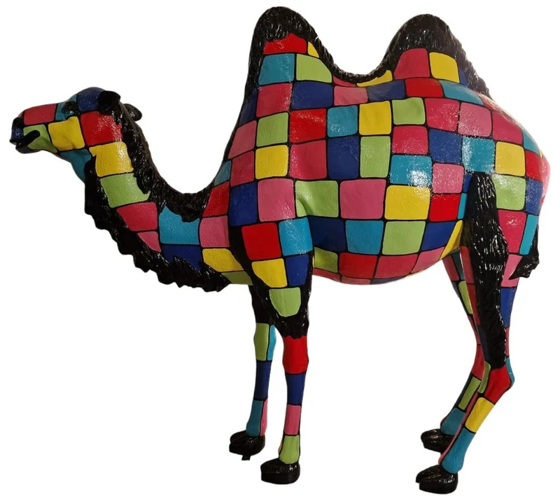 Casa Padrino Luxus Deko Skulptur Kamel Mehrfarbig / Schwarz 210 x H. 185 cm - Riesige Gartenskulptur - Lebensgroße Skulptur - XXL Deko Skulptur - XXL Deko Figur - XXL Tierfigur - Deko Tierfigur