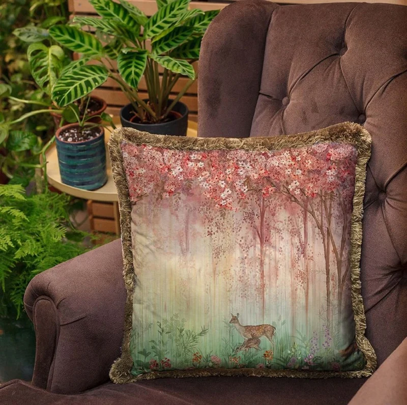 Casa Padrino Luxus Deko Kissen Wald & Tiere Mehrfarbig / Braun 45 x 45 cm - Bedrucktes Samt Kissen mit Fransen - Luxus Deko Accessoires