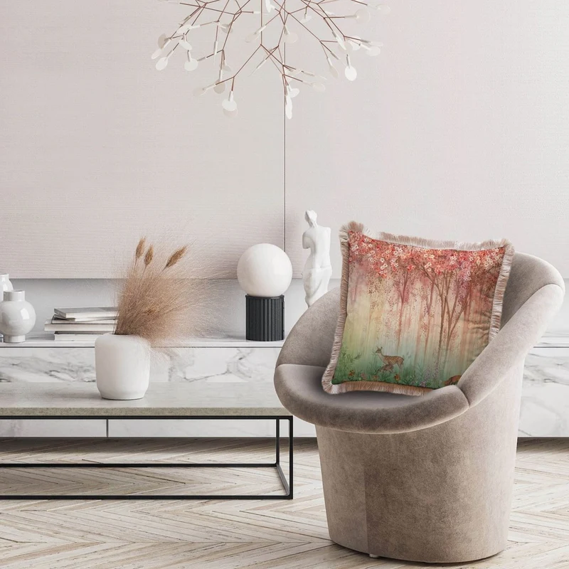 Casa Padrino Luxus Deko Kissen Wald & Tiere Mehrfarbig / Braun 45 x 45 cm - Bedrucktes Samt Kissen mit Fransen - Luxus Deko Accessoires