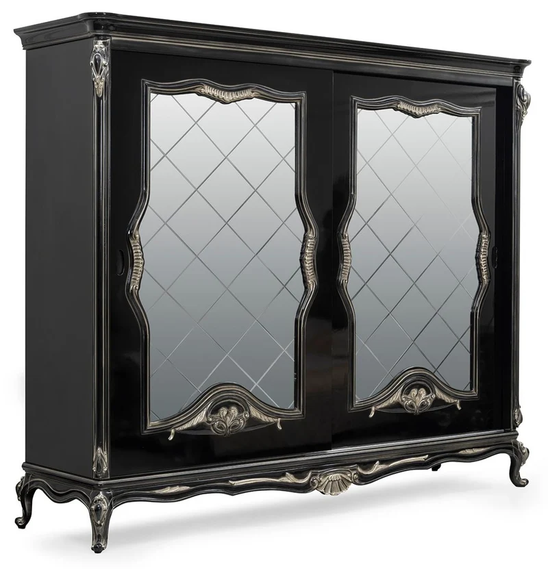 Casa Padrino Luxus Barock Schlafzimmerschrank Schwarz / Silber - Prunkvoller Massivholz Schrank mit 2 verspiegelten Schiebetüren - Barock Kleiderschrank - Barock Schlafzimmer Möbel