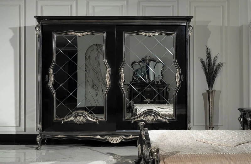Casa Padrino Luxus Barock Schlafzimmerschrank Schwarz / Silber - Prunkvoller Massivholz Schrank mit 2 verspiegelten Schiebetüren - Barock Kleiderschrank - Barock Schlafzimmer Möbel