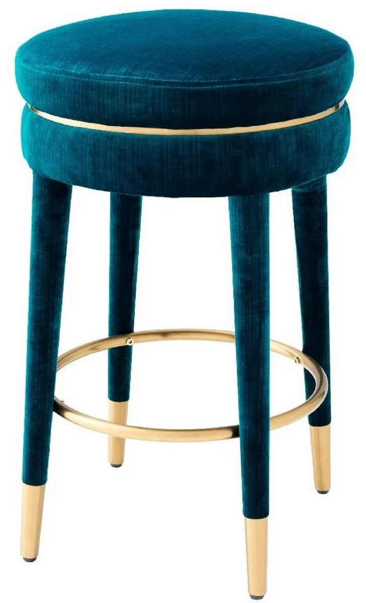 Casa Padrino Luxus Barhocker Blau / Messing Ø 41 x H. 68 cm - Runder Samt Hocker - Luxus Möbel