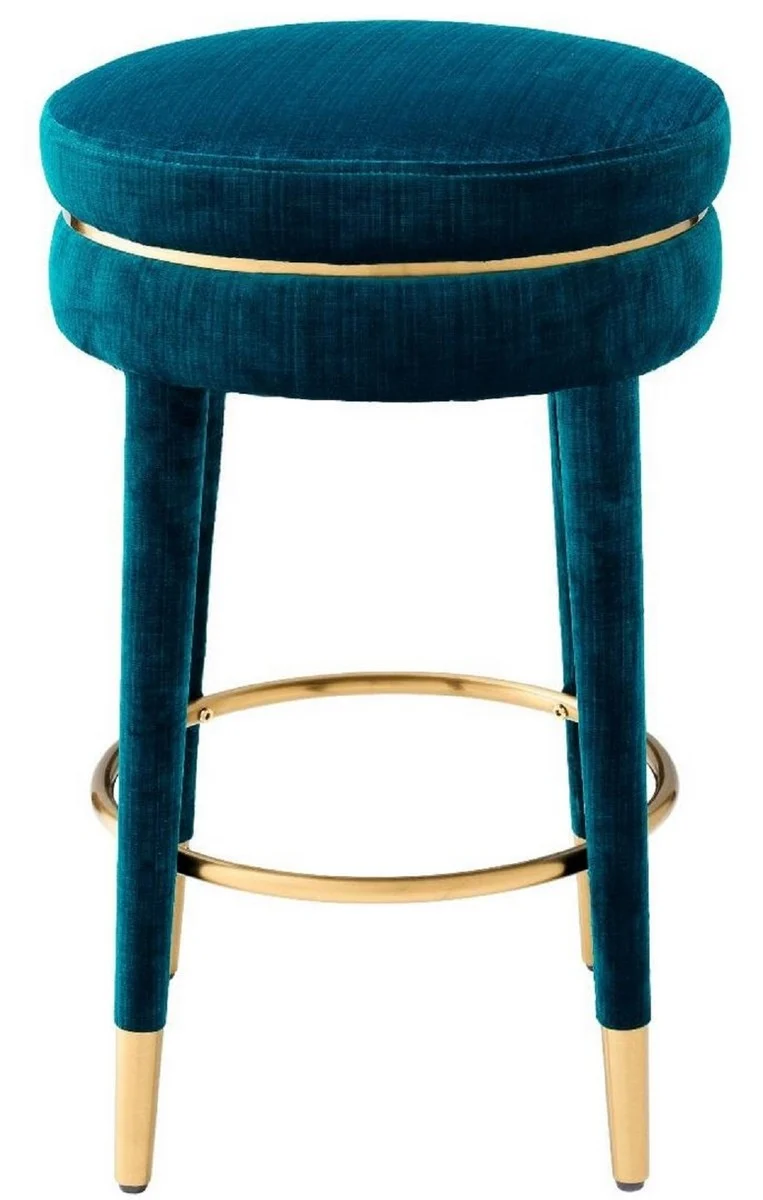 Casa Padrino Luxus Barhocker Blau / Messing Ø 41 x H. 68 cm - Runder Samt Hocker - Luxus Möbel