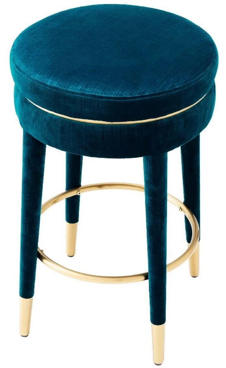 Casa Padrino Luxus Barhocker Blau / Messing Ø 41 x H. 68 cm - Runder Samt Hocker - Luxus Möbel
