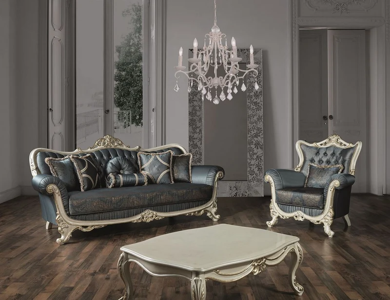 Casa Padrino Luxus Barock Wohnzimmer Set Blau / Creme / Gold - 2 Sofas & 2 Sessel & 1 Couchtisch - Prunkvolle Möbel im Barockstil