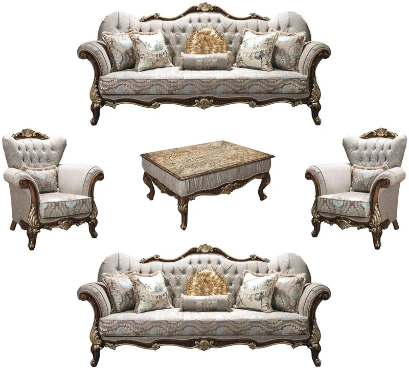 Casa Padrino Luxus Barock Wohnzimmer Set Silbergrau / Braun / Gold - 2 Sofas & 2 Sessel & 1 Couchtisch - Wohnzimmer Möbel - Edel & Prunkvoll