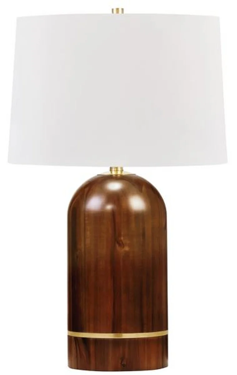 Casa Padrino Luxus Tischleuchte Braun / Antik Messing / Weiß Ø 40,6 x H. 66 cm - Elegante Massivholz Tischlampe mit rundem Leinen Lampenschirm