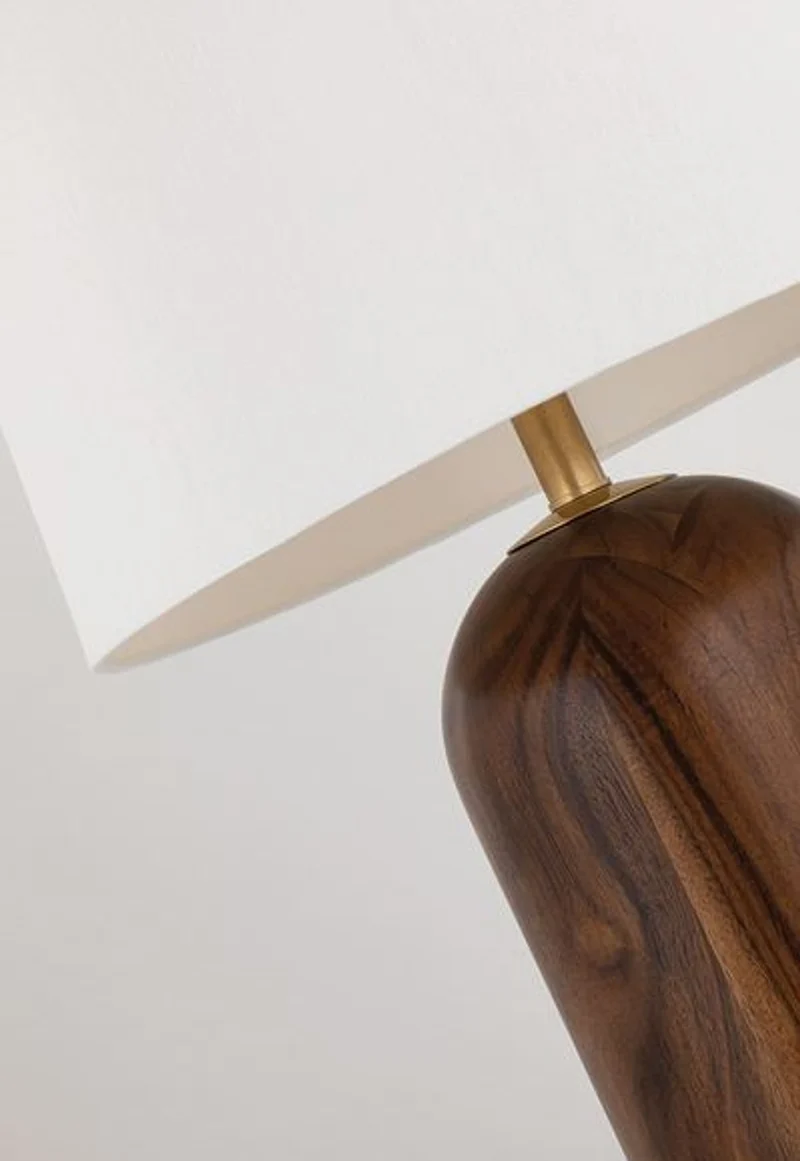 Casa Padrino Luxus Tischleuchte Braun / Antik Messing / Weiß Ø 40,6 x H. 66 cm - Elegante Massivholz Tischlampe mit rundem Leinen Lampenschirm