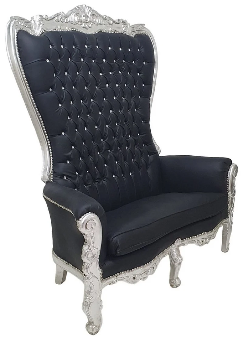 Casa Padrino Barock Hochlehn 2er Sofa Schwarz / Silber - Prunkvolles Barockstil Sofa mit Glitzersteinen - Wohnzimmer Möbel im Barockstil - Barock Möbel - Edel & Prunkvoll