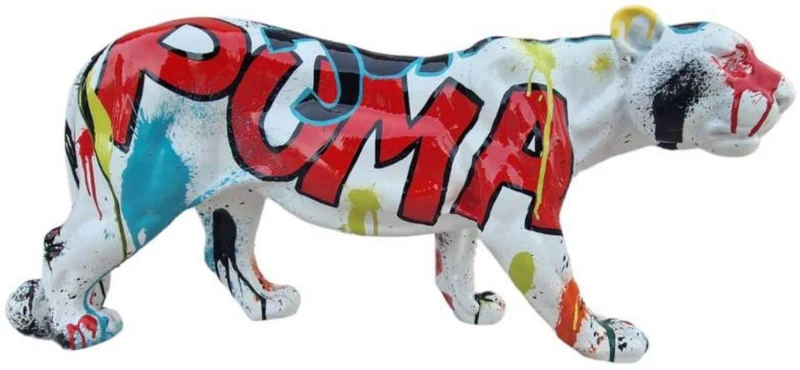 Casa Padrino Luxus Deko Skulptur Panther Weiß / Bunt 80 x H. 35 cm - Große Deko Figur - XXL Deko Skulptur - XXL Deko Figur - Wohnzimmer Deko - Garten Deko - Luxus Figuren