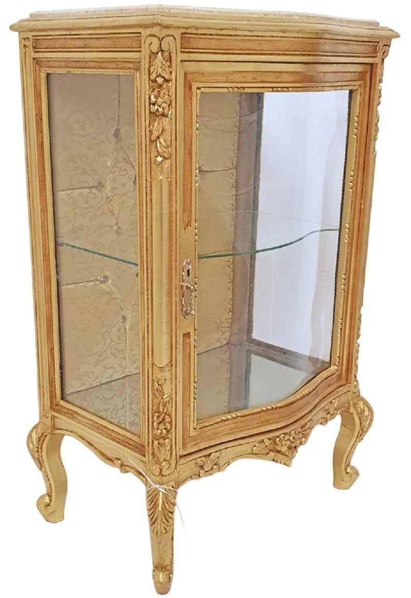 Casa Padrino Barock Vitrine Gold / Creme - Handgefertigter Massivholz Vitrinenschrank mit Glitzersteinen und Marmorplatte - Wohnzimmer Möbel im Barockstil - Barock Möbel