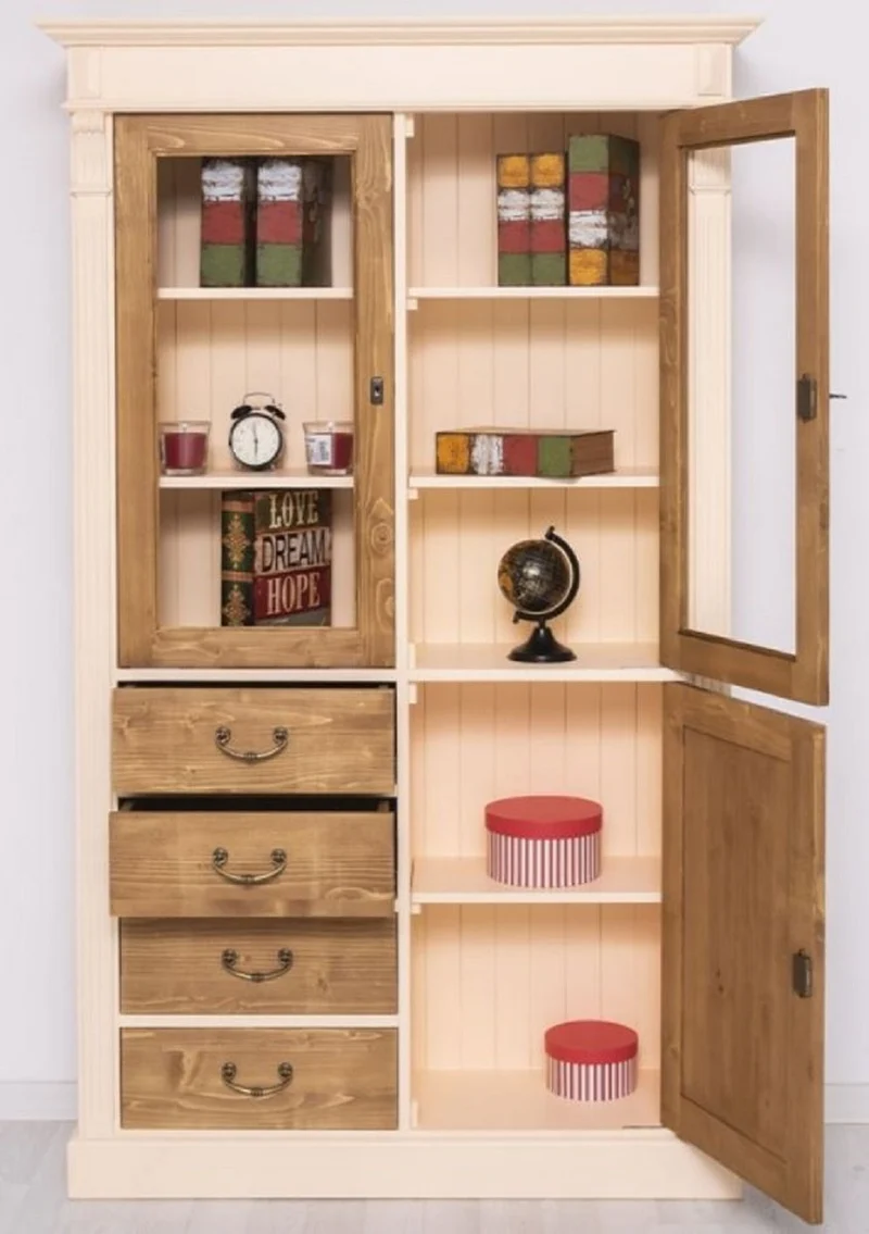 Casa Padrino Landhausstil Schrank Creme / Braun 120 x 39 x H. 197 cm - Landhausstil Esszimmer Schrank - Landhausstil Vitrinenschrank - Massivholz Möbel - Landhausstil Möbel