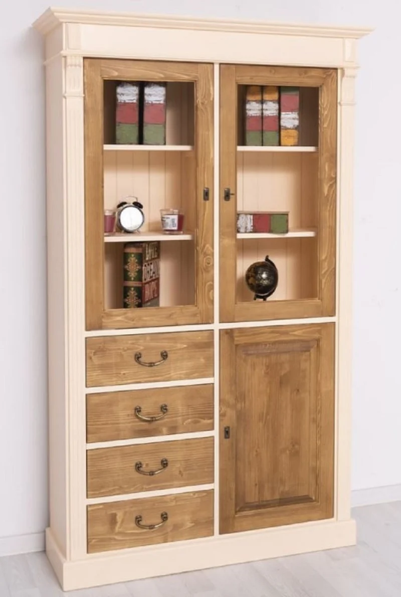 Casa Padrino Landhausstil Schrank Creme / Braun 120 x 39 x H. 197 cm - Landhausstil Esszimmer Schrank - Landhausstil Vitrinenschrank - Massivholz Möbel - Landhausstil Möbel