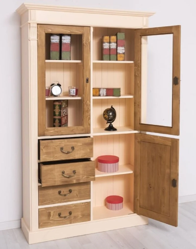 Casa Padrino Landhausstil Schrank Creme / Braun 120 x 39 x H. 197 cm - Landhausstil Esszimmer Schrank - Landhausstil Vitrinenschrank - Massivholz Möbel - Landhausstil Möbel