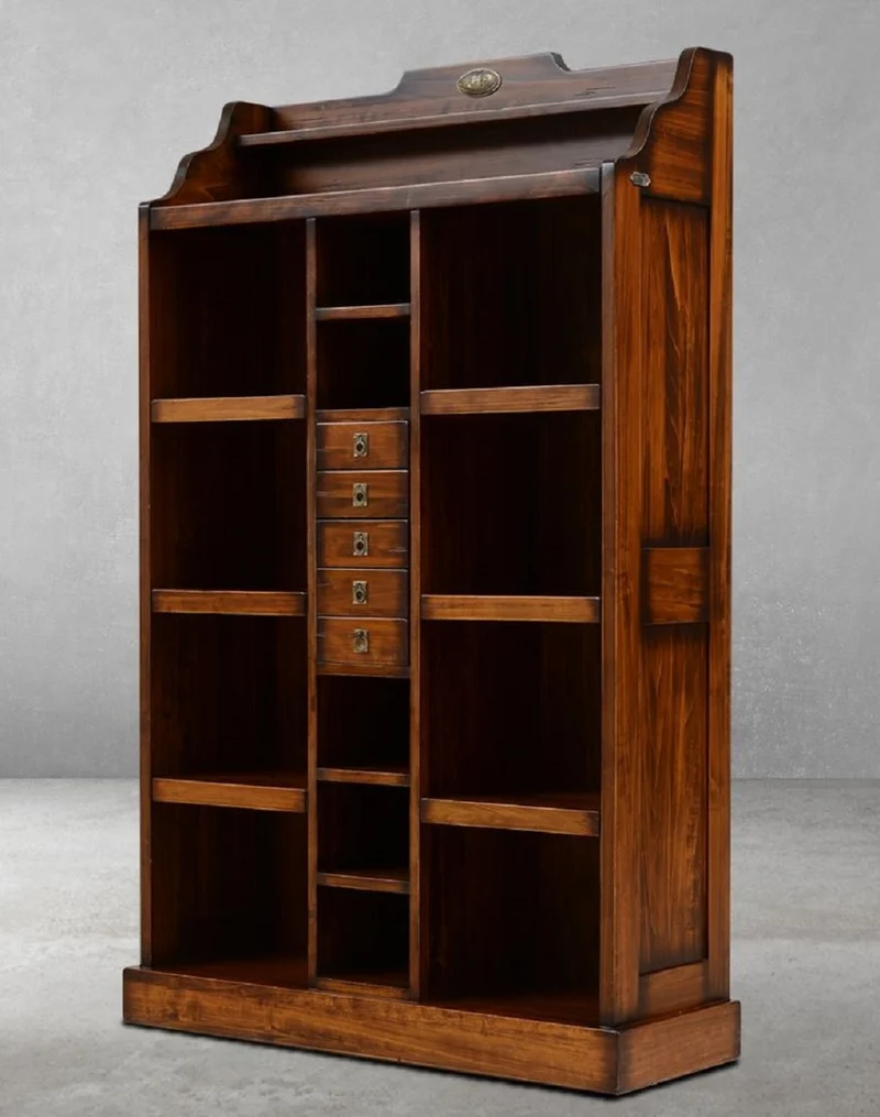 Casa Padrino Luxus Vintage Stil Bücherschrank Braun / Messing 105 x 35 x H. 169 cm - Massivholz Regalschrank - Wohnzimmer Schrank - Büro Schrank - Büro Möbel - Luxus Vintage Stil Möbel