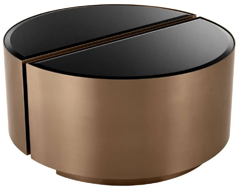 Casa Padrino Luxus Beistelltisch Set Kupferfarben / Schwarz - 2 halbkreisförmige Edelstahl Tische mit abgeschrägten Glasplatten - Luxus Wohnzimmer Möbel