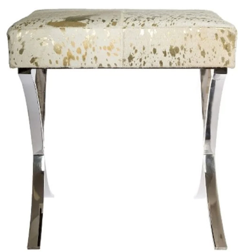 Casa Padrino Designer Kunstfell Hocker Weiß / Gold / Silber 40 x 33 x H. 45 cm - Designer Möbel