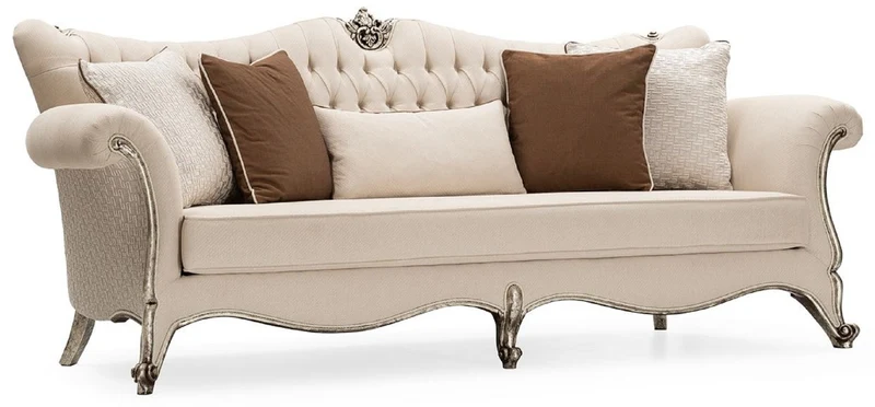 Casa Padrino Luxus Barock Wohnzimmer Sofa Creme / Silber / Antik Silber - Handgefertigtes Barockstil Sofa mit dekorativen Kissen - Luxus Wohnzimmer Möbel im Barockstil - Barock Möbel