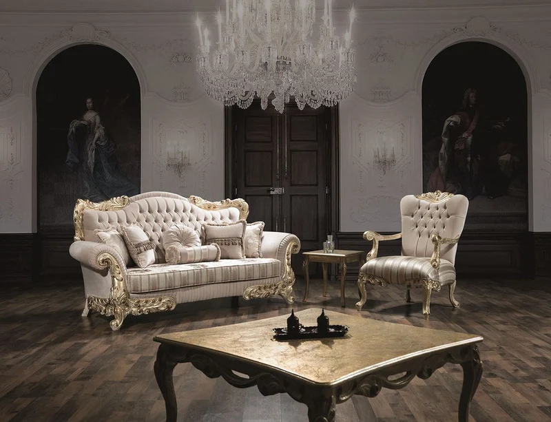 Casa Padrino Luxus Barock Wohnzimmer Set Beige / Gold - 2 Sofas & 2 Sessel & 1 Couchtisch - Prunkvolle Wohnzimmermöbel im Barockstil