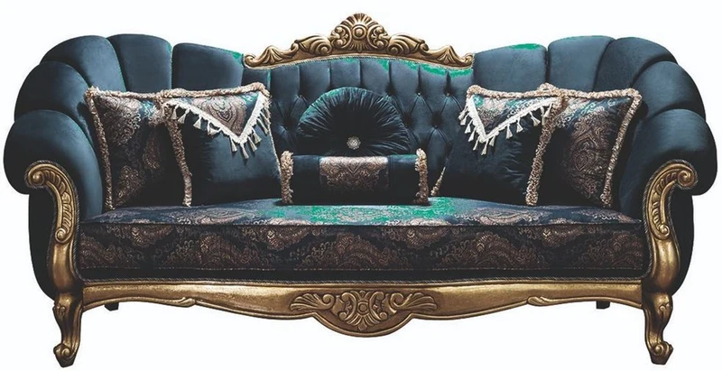 Casa Padrino Luxus Barock Wohnzimmer Set Blau / Gold - 2 Sofas & 2 Sessel & 1 Couchtisch - Wohnzimmer Möbel - Edel & Prunkvoll