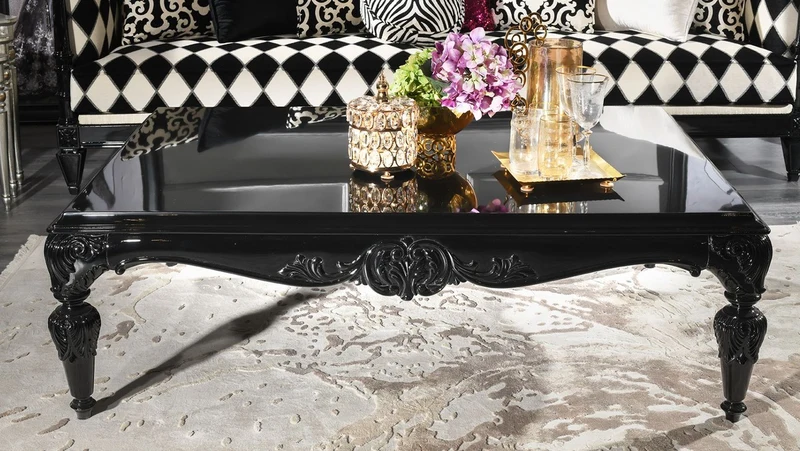 Casa Padrino Luxus Barock Couchtisch Schwarz 144 x 98 x H. 46 cm - Barockstil Wohnzimmertisch mit Glasplatte - Barockmöbel