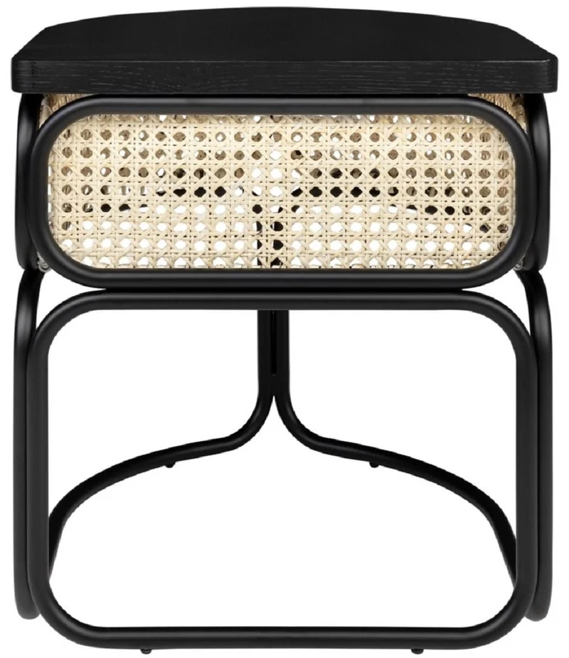 Casa Padrino Designer Couchtisch Schwarz / Naturfarben 50 x 40 x H. 45,5 cm - Wohnzimmertisch mit Eichenfurnier Tischplatte edlem Rattangeflecht und pulverbeschichtetem Stahlrahmen