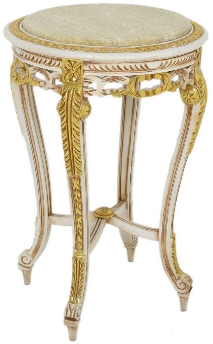 Casa Padrino Barock Beistelltisch mit Marmorplatte Weiß / Beige / Gold / Creme Ø 40 x H. 60 cm - Runder Antik Stil Tisch - Barock Wohnzimmer Möbel