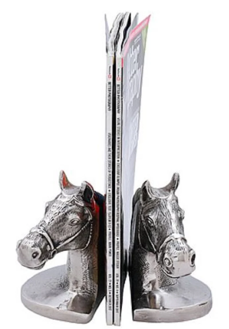 Casa Padrino Luxus Buchstützen Set Pferdeköpfe Silber / Schwarz 17 x 9 x H. 14 cm - Luxus Accessoires