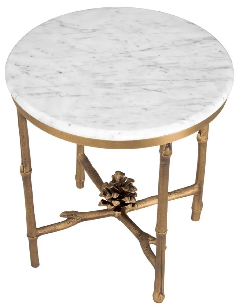 Casa Padrino Luxus Beistelltisch Vintage Messing / Weiß Ø 43 x H. 45,5 cm - Runder Messing Tisch mit Marmorplatte - Wohnzimmer Möbel - Luxus Möbel - Wohnzimmer Einrichtung - Luxus Qualität