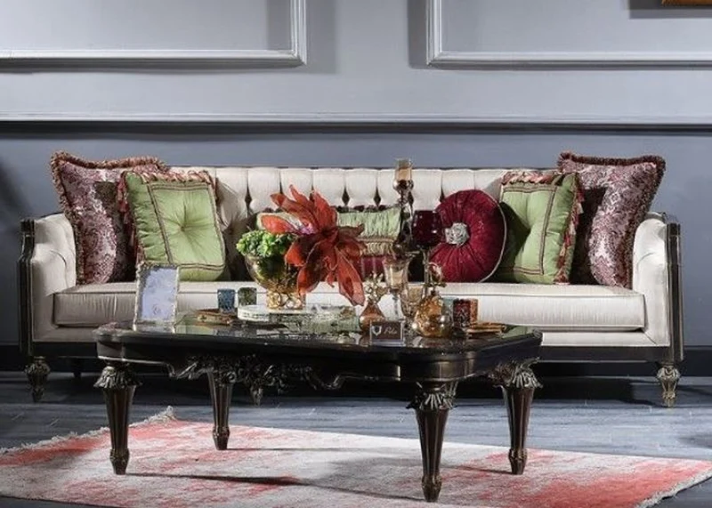 Casa Padrino Luxus Barock Wohnzimmer Sofa Creme / Blau / Schwarz / Gold 238 x 92 x H. 86 cm - Prunkvolle Barock Möbel