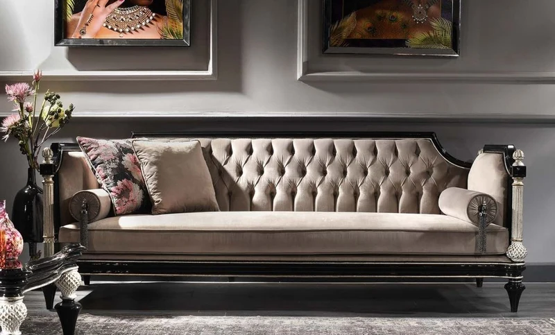 Casa Padrino Luxus Barock Samt Sofa Beige / Schwarz / Silber / Antik Gold 250 x 95 x H. 80 cm - Prunkvolles Wohnzimmer Sofa im Barockstil