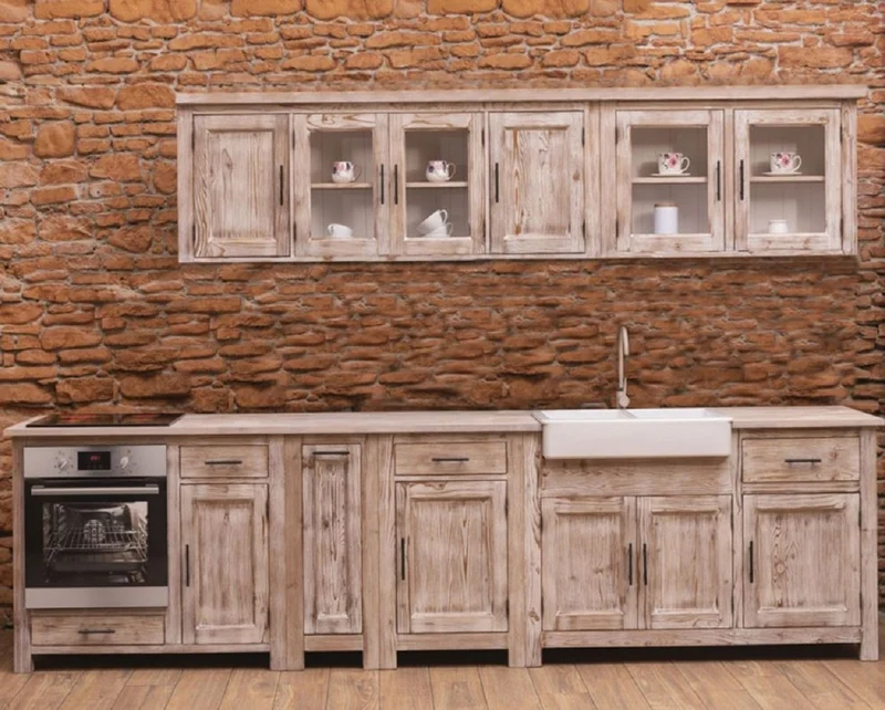 Casa Padrino Landhausstil Einbauküche Naturfarben 387 x 65 x H. 90 cm - Massivholz Küchenzeile - Esszimmer Möbel im Landhausstil - Landhausstil Massivholz Einbauküchen