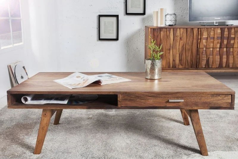 Casa Padrino Massivholz Couchtisch Naturfarben 100 x 55 x H. 40 cm - Wohnzimmertisch im Retro Style - Retro Design Wohnzimmer Möbel