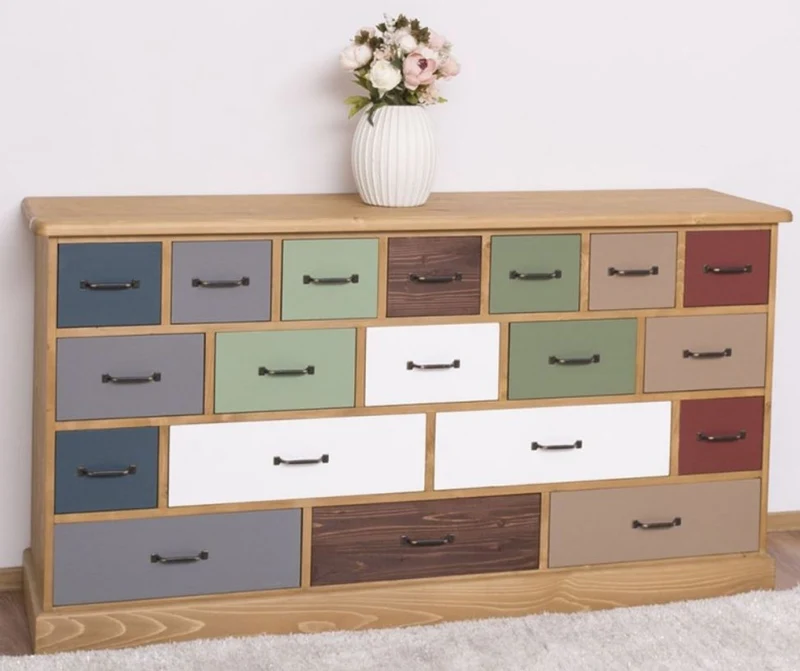 Casa Padrino Landhausstil Kommode Hellbraun / Mehrfarbig 180 x 48 x H. 95 cm - Massivholz Schrank mit 19 Schubladen - Landhausstil Möbel