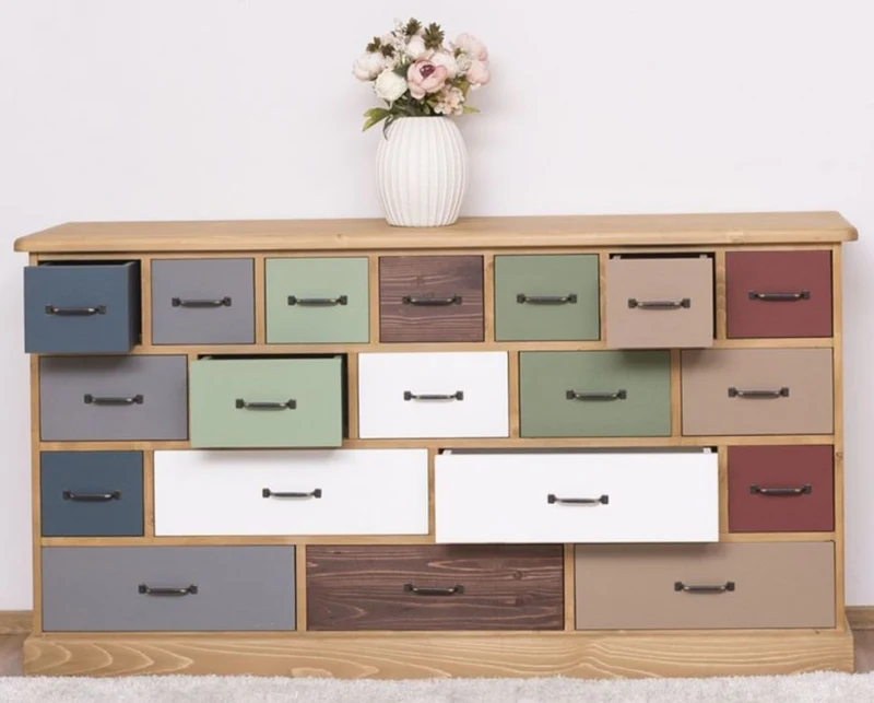 Casa Padrino Landhausstil Kommode Hellbraun / Mehrfarbig 180 x 48 x H. 95 cm - Massivholz Schrank mit 19 Schubladen - Landhausstil Möbel