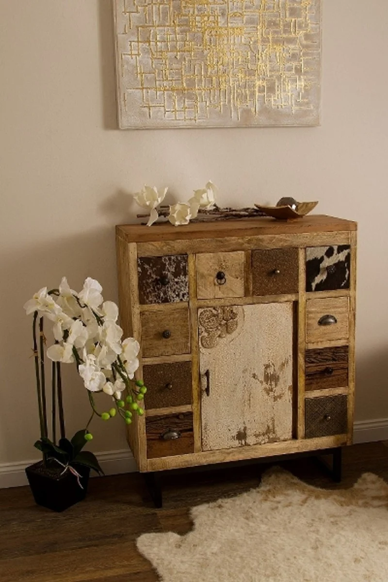 Casa Padrino Landhausstil Sideboard mit Tür und 10 Schubladen Naturfarben / Mehrfarbig 85 x 32 x H. 103 cm - Landhausstil Wohnzimmermöbel