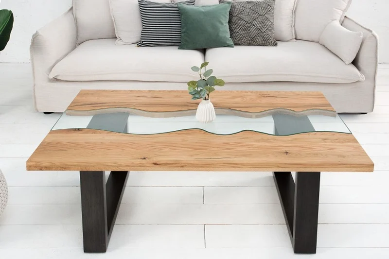 Casa Padrino Designer Massivholz Wildeiche Couchtisch mit Sicherheitsglas Natur 115cm x H. 45cm - Salon Wohnzimmer Tisch