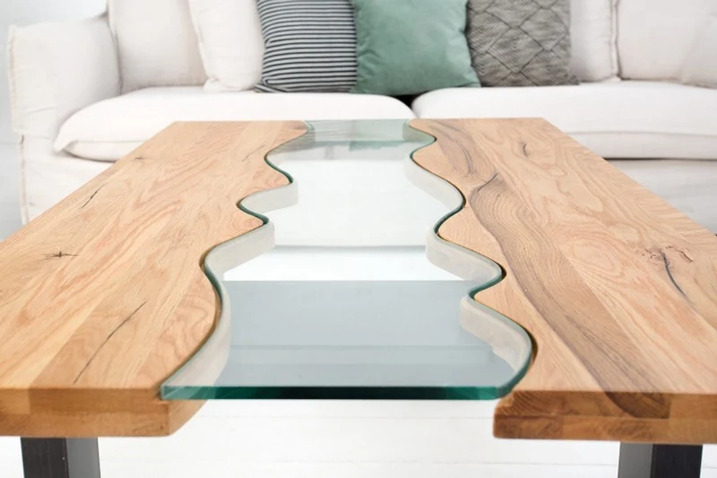 Casa Padrino Designer Massivholz Wildeiche Couchtisch mit Sicherheitsglas Natur 115cm x H. 45cm - Salon Wohnzimmer Tisch