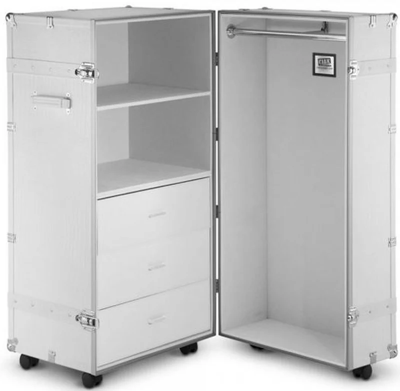 Casa Padrino Luxus Kunstleder Kofferschrank im Vintage Stil Weiß / Silber 60 x 69 x H. 120 cm - Schrankkoffer mit Rollen - Luxus Kollektion