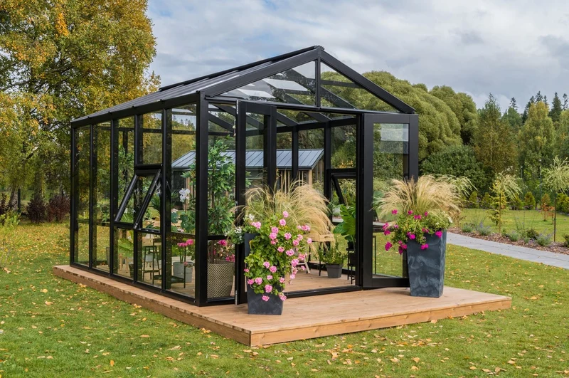 Casa Padrino Luxus Gartenhaus Schwarz 400 x 300 x H. 276,2 cm - Massivholz Garten Haus mit Glasfenstern und Glastüren - Gewächshaus - Luxus Gartenhäuser - Luxus Gewächshäuser