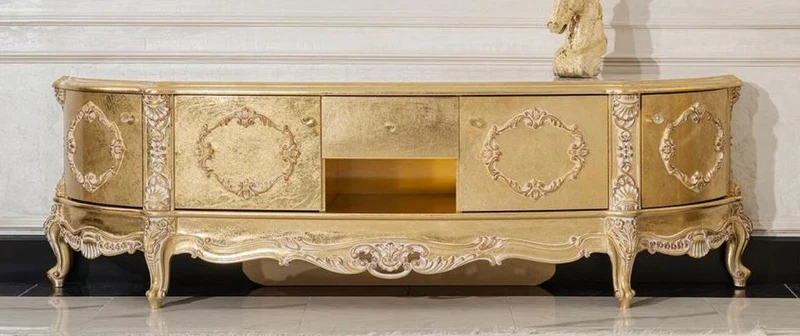 Casa Padrino Luxus Barock TV Schrank Gold - Prunkvolles Massivholz Sideboard mit 4 Türen und Schublade - Wohnzimmer Möbel im Barockstil - Barock Möbel - Edel & Prunkvoll