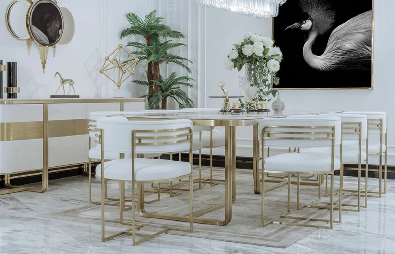 Casa Padrino Luxus Esszimmer Stuhl Set mit Armlehnen Weiß / Gold 58 x 51 x H. 76 cm - Küchen Stühle 8er Set - Esszimmer Möbel - Restaurant Möbel - Luxus Möbel - Luxus Einrichtung