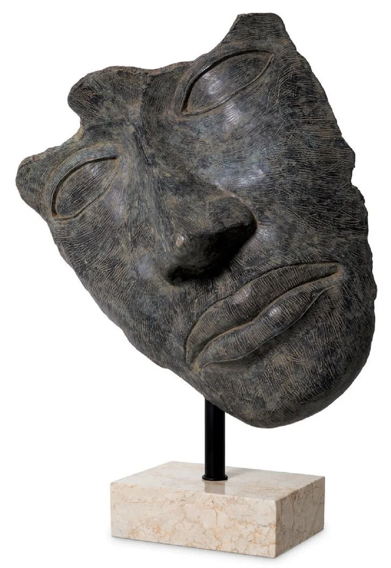 Casa Padrino Luxus Deko Skulptur Gesicht Antik Bronze / Schwarz / Beige 69 x 30,5 x H. 95 cm - Deko Figur mit Marmorsockel - Deko Accessoires - Luxus Qualität