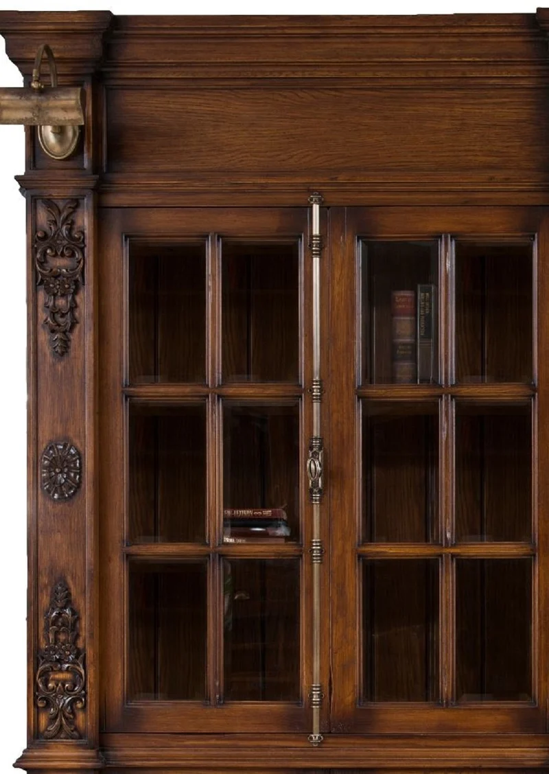 Casa Padrino Luxus Landhausstil Bücherschrank Braun / Antik Messing 262,5 x 54 x H. 251 cm - Massivholz Schrank mit Beleuchtung - Wohnzimmerschrank - Büroschrank - Luxus Landhausstil Möbel